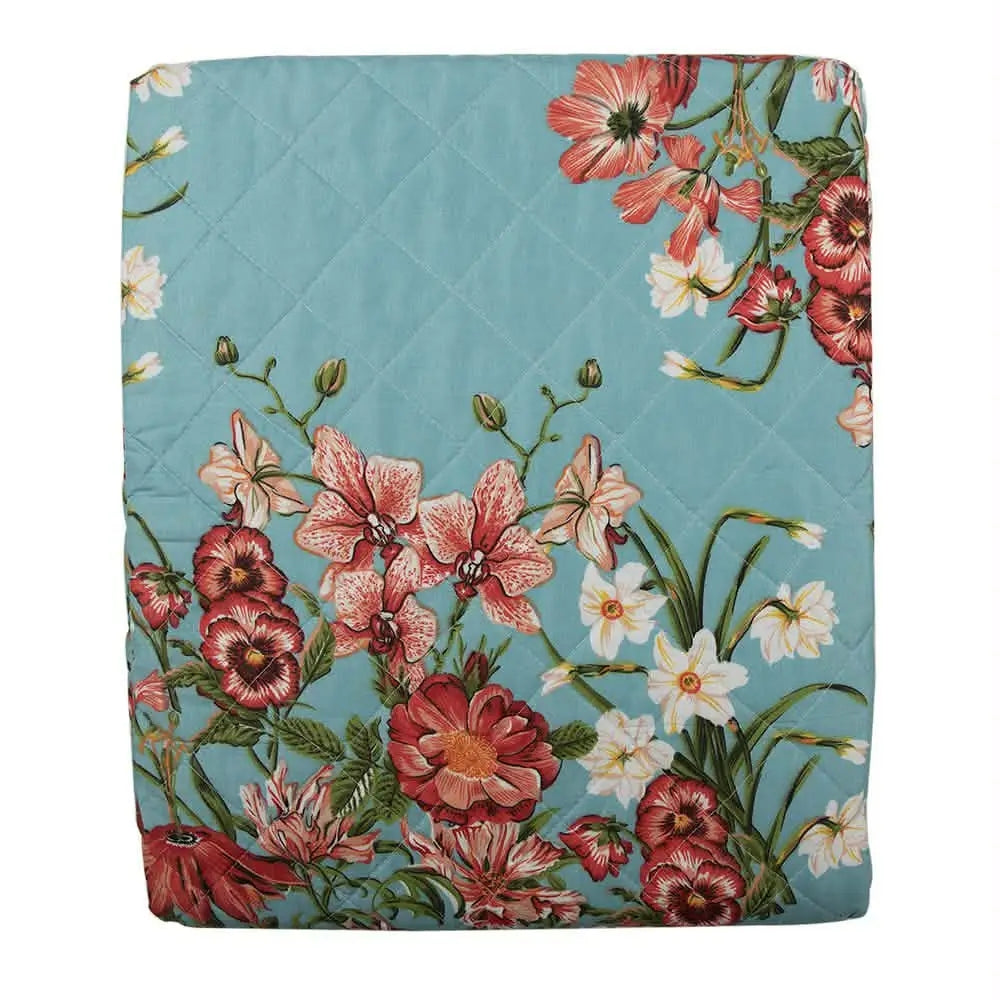 Floral Cotton Bedspread – Blue & Pink Blossom Design (240x260 cm)