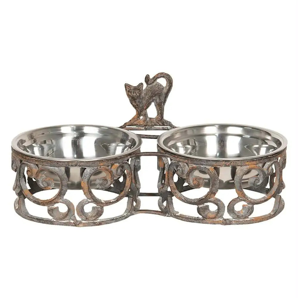 Vintage Cast Iron Pet Feeding Station – Rustic Double Bowl Set